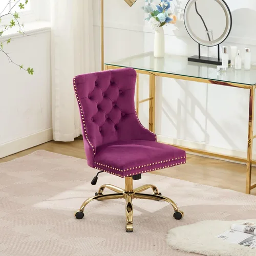 Miniatura 8 de Silla de oficina en casa de terciopelo con base de metal dorado y ribete de cabeza de clavo, moderna silla de trabajo tapizada giratoria tapizada