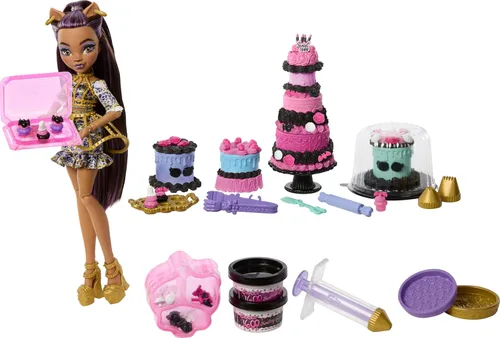 Monster High Kit de pastel de cumpleaños aterrador y dulce con muñeca Clawdeen Wolf, juego de decoración de pastel con 20+ accesorios como glaseado