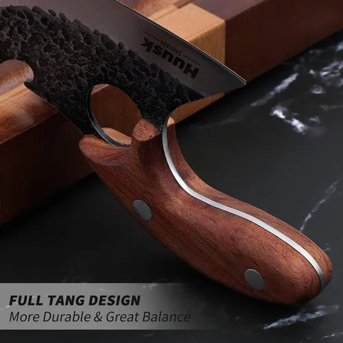Miniatura 8 de Huusk Cuchillos vikingo para cortar carne, pequeño cuchillo Ulu, forjado a mano, cuchillos Ultimo cavernícolas de espiga completa para cocina