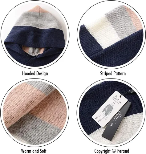 Miniatura 4 de Ferand - Suéter tipo poncho a rayas para mujer, estilo casual, chal con flecos versátiles