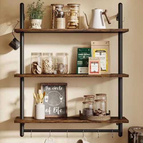 Bestier - Estantería industrial de 3 niveles para tubos, estantes flotantes para libros para pared, estantes colgantes de almacenamiento con barra