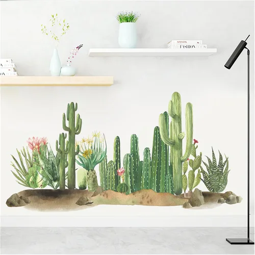 Miniatura 3 de Calcomanías de pared de vegetación verde de cactus, dunas de arena tropical, calcomanías de pared de plantas verdes, vinilo extraíble para sala
