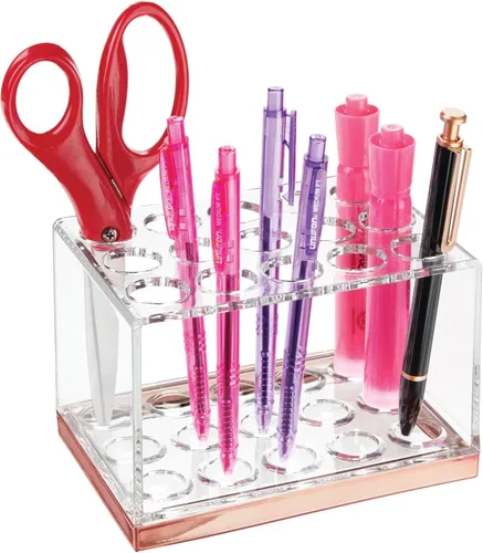 Miniatura 8 de mDesign Organizador de almacenamiento de brochas de maquillaje de plástico con 15 ranuras para encimera de baño, tocador para sostener lápices