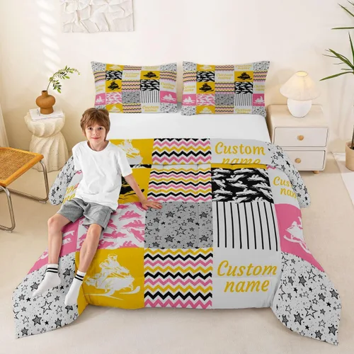 Miniatura 60 de Juego de edredón de softbol personalizado, juego de ropa de cama de retazos a cuadros para niños y niños, edredón de bate de béisbol, juego