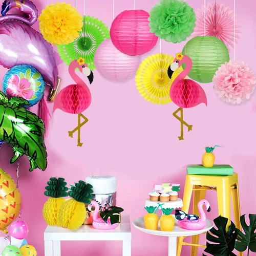 Miniatura 5 de YUNXUAN Suministros de fiesta de flamenco, decoraciones de fiesta hawaiana de flamenco y piña, bolas de panal, faroles de papel, abanicos de papel