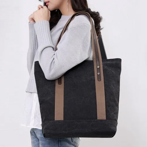 Miniatura 17 de Sunshinejing Bolsos de hombro de lona para mujer, estilo retro, casual, bolsa de trabajo, bolsos de mano