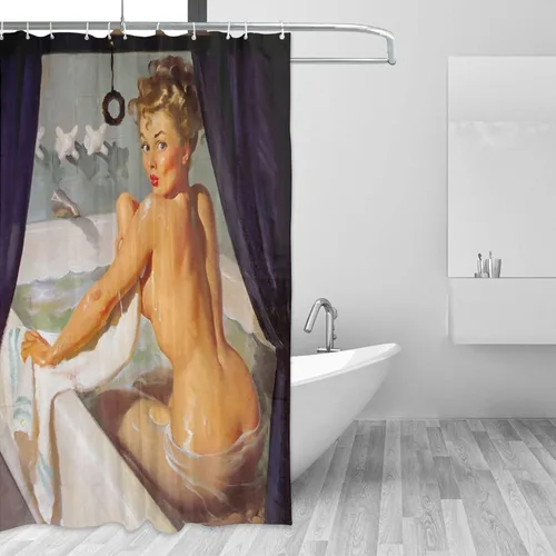 Miniatura 2 de FUNNY KIDS' HOME Cortinas de ducha retro con pin up para baño, pintura al óleo, arte de lienzo, decoración de baño, sexy dama bañándose