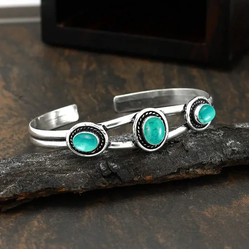 Miniatura 5 de Natural Three Gemstones 925 Silver Overlay Open Bangle for Women - Oval Stone Vintage Style Handmade Adjustable Cuff Bracelet Jewelry - Perfect for