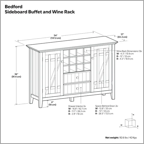 Miniatura 3 de SIMPLIHOME Bedford Buffet - Aparador de 3 puertas de madera maciza de 54 pulgadas de ancho con estante para vino en negro, gabinete de transición