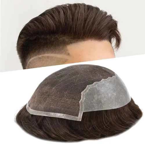Miniatura 17 de Tupé para hombres 100% europeos unidades de cabello humano francés sistema de cabello de encaje con nudos blanqueados, línea capilar natural para #5