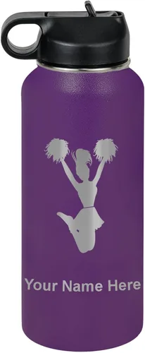 Miniatura 58 de LaserGram Botella de agua personalizada, animadora, acero inoxidable de doble pared aislada al vacío con popote superior, regalo grabado