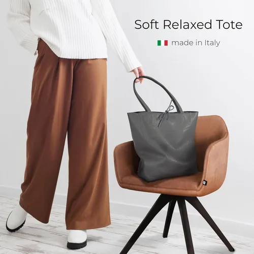 Miniatura 4 de Bolso de mano italiano de piel auténtica para mujer, con cremallera, grande, alto, suave, sin forro, para compras, trabajo, viajes