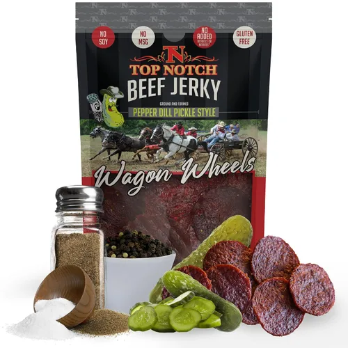 Miniatura 20 de Top Notch Wagon Wheels Jerky – Snacks altos en proteínas para niños y adultos hechos de carne de res criada localmente – Rondas sabrosas de carne