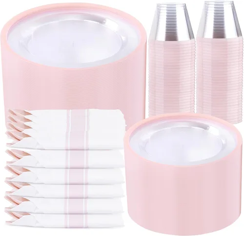 Miniatura 24 de I00000 Juego de 210 platos rojos, platos de plástico transparente y rojo que incluye 60 platos, 30 tazas, 30 servilletas enrolladas con cubiertos