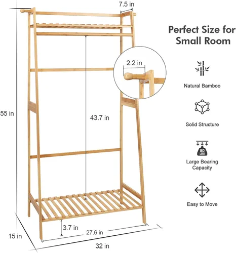 Miniatura 8 de Ufine Estante de ropa de bambú con estante de almacenamiento Soporte de ropa portátil para dormitorio habitación de invitados