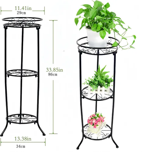 Miniatura 5 de FAMZ Soporte para plantas para interiores y exteriores, 3 niveles de alto, soportes de metal negro para plantas, estante redondo de 35 pulgadas