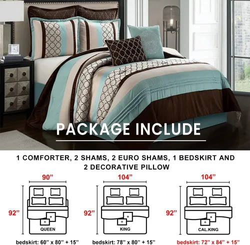 Miniatura 8 de Grand Avenue Juego de edredón tamaño Queen color marrón aguamarina, ropa de cama jacquard de 8 piezas con sábanas, ropa de cama bordada ultrasuave