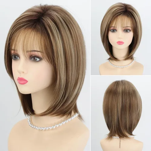 Miniatura 21 de RENERSHOW Pelucas rubias en capas para mujeres blancas con flequillo, peluca de pelo corto lacio, peluca sintética de color rubio degradado