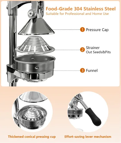 Miniatura 6 de Exprimidor manual profesional de mano – Exprimidor de cítricos de acero inoxidable resistente para naranja, limón y granada con base estable y taza