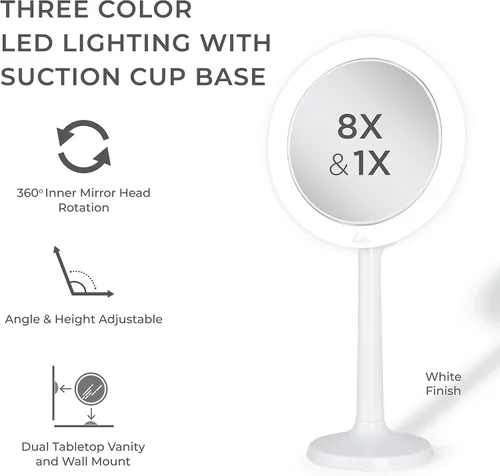 Miniatura 4 de Zadro Espejo de maquillaje iluminado de 7 pulgadas con aumento 8X/1X ventosa espejo de maquillaje montado en la pared Espejo de viaje LED de 3 Blanco