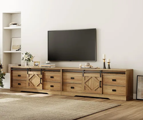 Miniatura 11 de WAMPAT Moderno soporte de TV de granja para TV de 65 pulgadas con puntuación de madera y fricción a través del envejecimiento, centro