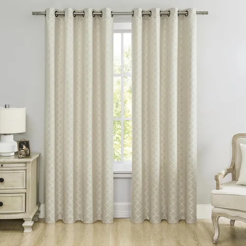 Central Park Panel de cortina de ventana con patrón de diamante beige con ojales, 84 pulgadas de largo, enrejado geométrico para filtrar la luz,