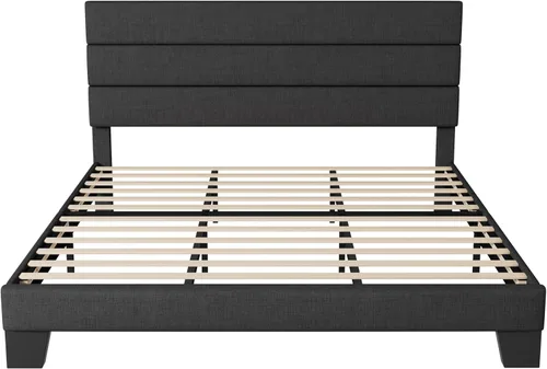 Miniatura 8 de Allewie - Base de cama tamaño King con cabecera tapizada en tela y soporte de listones de madera, base de colchón completamente tapizada; no Gris