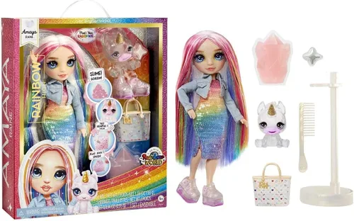 RAINBOW HIGH Muñeca de moda con kit de slime y mascota - Amaya (arcoíris) - Muñeca centelleante de 11.0 in con ciervos con purpurina para bricolaje,