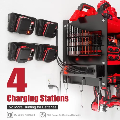 Miniatura 3 de Spampur Organizador de Herramientas Eléctricas de Pared con Regleta de Alimentación de 4 Tomas, Estante de Almacenamiento de Metal Resistente