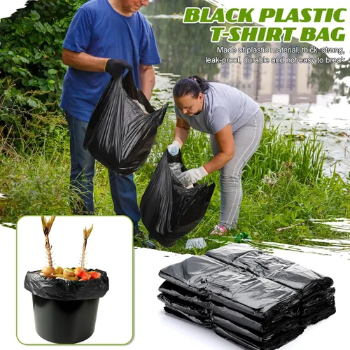 Miniatura 5 de Kisston 400 bolsas de plástico tipo camiseta de tamaño jumbo con asas, 35 micras, bolsas de plástico lisas para comestibles tamaño XX grande, Negro