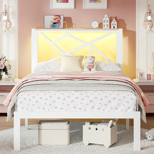Miniatura 10 de ChicZhiNest Armazón de cama de metal negro tamaño twin con estación de carga USB, iluminación ambiental LED y cabecera de almacenamiento de madera