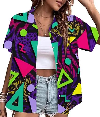 Miniatura 2 de Trajes de los años 80 y 90 para mujer, camiseta temática de fiesta de los años 80, camisas hawaianas con botones de los años 90, camisetas retro