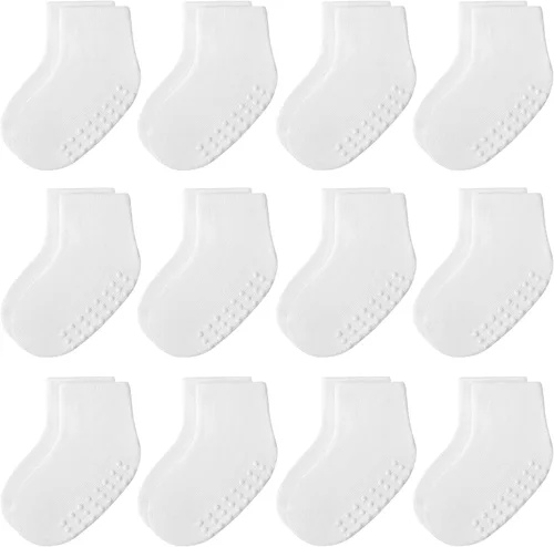 Miniatura 19 de JAKIDAR 12 pares de calcetines antideslizantes de algodón para niños y niñas, suela antideslizante para bebés y niños