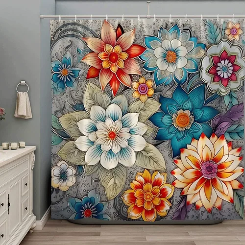 Cortina de ducha floral bohemia colorida con flores brillantes, botánica, tropical, mandala abstracta, a la moda, hermoso juego de baño retro,