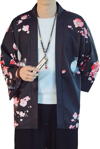 Miniatura 21 de PRIJOUHE Chaqueta Kimono Ligera para Hombre de Manga Tres Cuartos con Frente Abierto Cárdigan Estilo Japonés