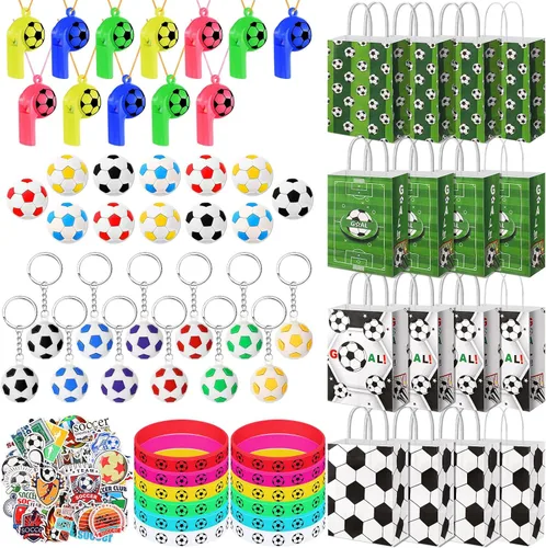 Hiboom 110 recuerdos de fiesta de fútbol incluyen 12 bolsas de regalo, 12 silbatos, 12 borradores de bolas 3D, 12 llaveros, 12 pulseras de silicona