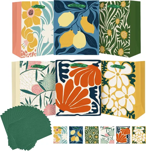 qiqee 7.9 x 4.3 x 9.6 pulgadas, 6 bolsas de regalo de papel con flores llamativas con asas de papel tisú, bolsas de tamaño mediano (12 piezas de