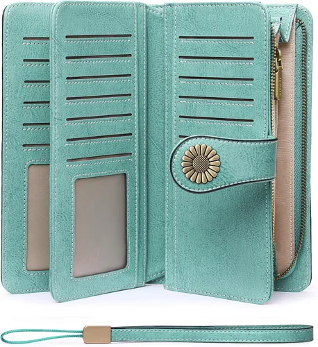 Miniatura 22 de SENDEFN Billeteras de cuero para mujer, tarjetero de crédito con bloqueo RFID, pulsera de gran capacidad with RFID Blocking, Large Capacity