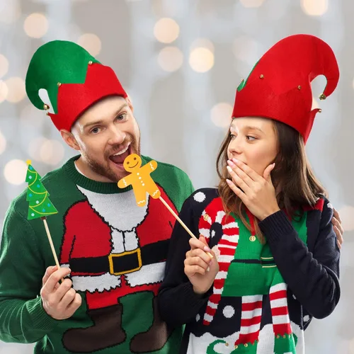 Miniatura 6 de SATINIOR 6 Piezas Sombreros de Fieltro de Elfo de Navidad Xmas Sombreros de Elfo de Santa Rojo y Verde con Campanas para Niños Adultos Regalos