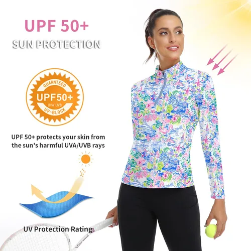 Miniatura 139 de WOWENY Camiseta deportiva de manga larga para mujer, con cremallera de un cuarto, cuello para entrenamiento, camiseta de tenis con estampado