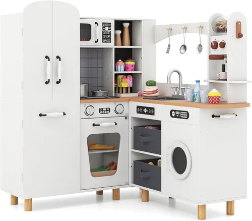 Miniatura 13 de INFANS Cocina de Juguete para Niños, Conjunto de Juego de Refrigerador Nevera de 2 Piezas Combinación con Tabla de Pared del Alfabeto Interactivo