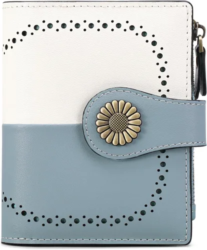 Miniatura 6 de SENDEFN Cartera pequeña de cuero plegable para mujer, con bloqueo RFID y bolsillo para monedas con cremallera, 5-Azul y blanco, Cartera pequeña