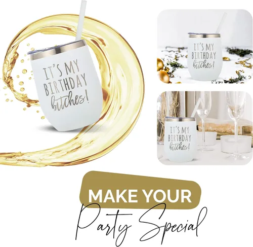Miniatura 3 de Its My Birthday Bitches - Vaso de vino con aislamiento de acero inoxidable de 12 onzas, regalo único para mujeres y niñas, elegantes vasos y tazas