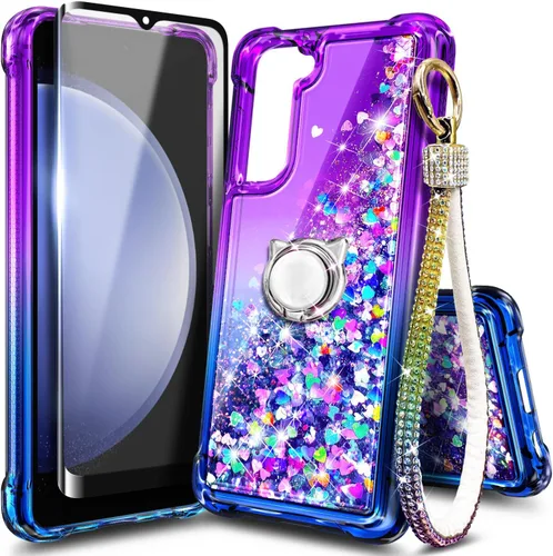 Miniatura 24 de Funda compatible con Samsung Galaxy S24-FE Aqua/Purple Funda líquida flotante con purpurina linda con protector de pantalla de vidrio templado
