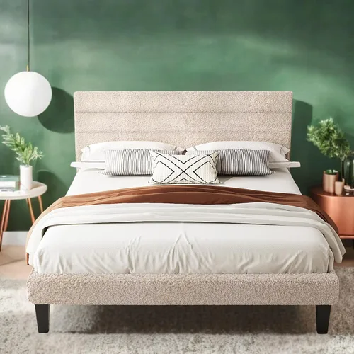 Miniatura 14 de VINGLI Base de cama individual para niños, cama de plataforma tapizada Boucle con cabecera ajustable, soporte de listones de madera resistente, cama