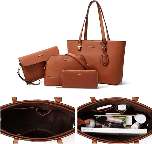 Miniatura 209 de Juego de 4 bolsas modernos para mujer de cuero sintético: bolso tote, bolso de hombro, bolso de mano y cartera.