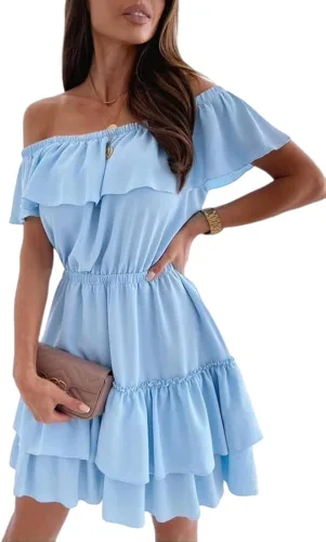 Langwyqu Vestido de hombro descubierto para mujer, color sólido, manga corta, volantes, acampanado, vestido corto