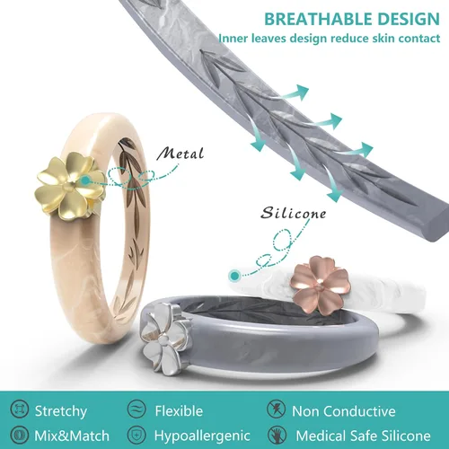 Miniatura 8 de Zollen Anillos de silicona para mujer, 1/3 paquetes de alianzas de boda de silicona, forma de flor, anillos de goma, colección de flores para mujer