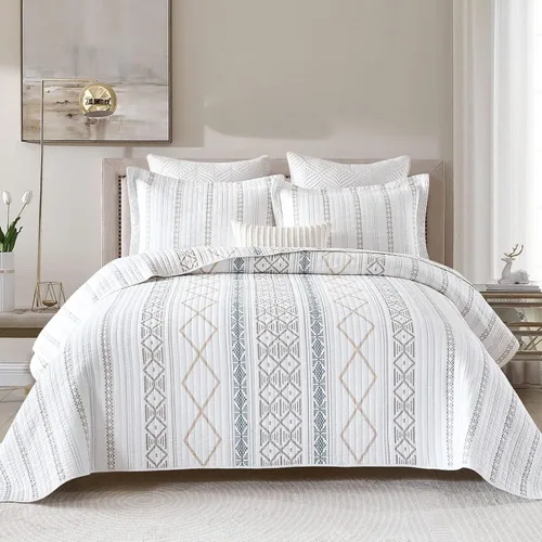 Y-PLWOMEN Edredón geométrico tamaño King – Edredón 100% algodón, juego de edredón a rayas, colchas ligeras bohemias tamaño King para todas las