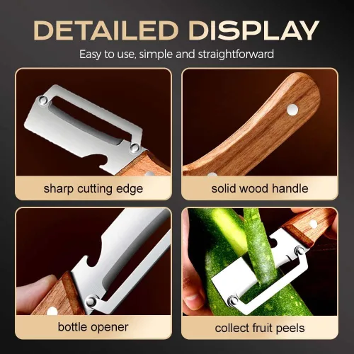 Miniatura 5 de Pelador de verduras multifuncional para cocina, mango de madera y abridor de botellas con hoja de acero inoxidable ultra afilada, para verduras o 2